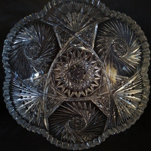 Antique American Brilliant Period Cut Glass Fruit Bowl 8” Hobstar Fan Pattern