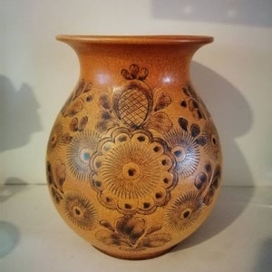 Vintage West Germany Floral Pottery Vase Signed Hand made hand painted Rare Brown Grazed Black Flower Vase