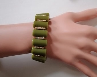 Vintage J Crew Art Deco Green Acrylic Column Rhinestone Bar Stretch Bracelet