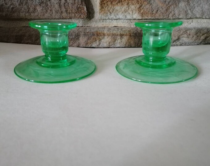 Green Depression Glass Candle Holders Floral Eched Etsy