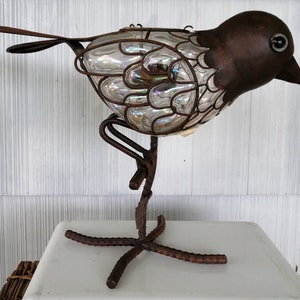 Metal Copper bird Figurine Sculpture  iridescent Bubble Glass home décor