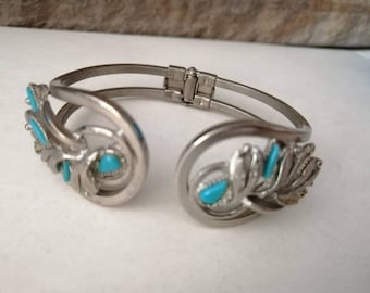 Silver Tone Floral Blue Bead Hinged Cuff Bracelet ; Silver Tone Floral Blue Bead Cuff ; Cuff Bracelet