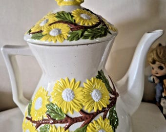 VTG Hand Made Ceramic TEAPOT  w Lid Majolica Yellow Floral Signed M B