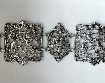 VTG Cherubs Gargoyles Silver Tone Panel Linked Bracelet 7.5&quot; Victorian Revival 60s