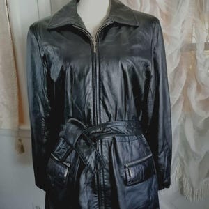 Jones New York Veste En Cuir Souple Noire Manteau Doublée Ceinturé Femme Taille M