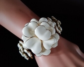 Enamel Camellia Flowers Cuff Bracelet 3D Chunky White Gold Tone Wedding High End Event
