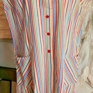 Vintage 60s Rainbow Stripe Shirt Dress Pockets Sleeveless 2X?