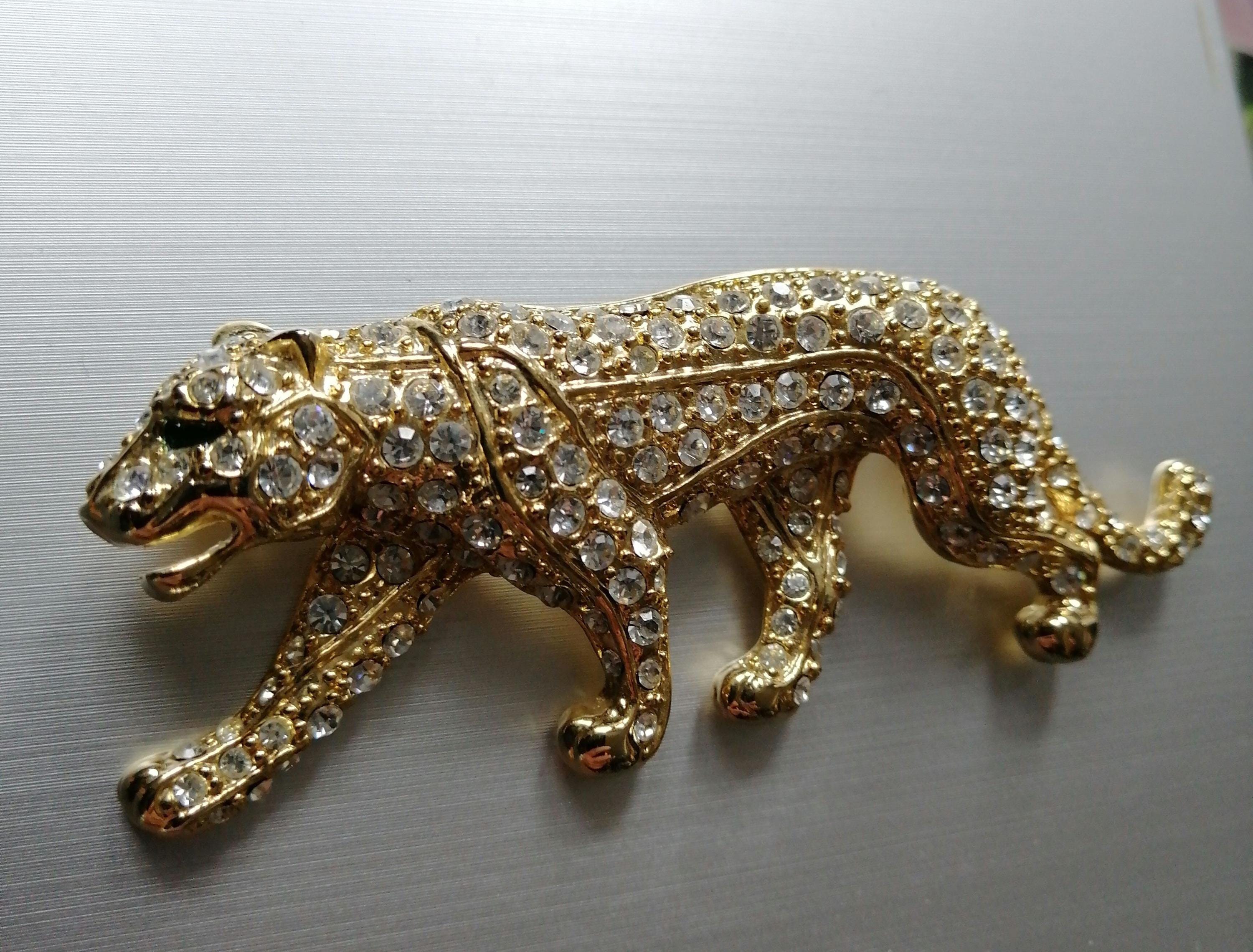 Broche Vintage Félin (jaguar, Léopard) En Métal Doré Avec Cristaux - Occasion