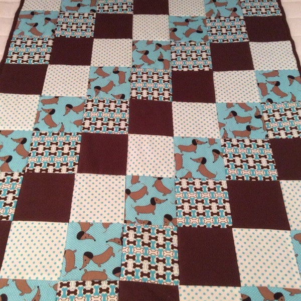 Dachshund brown and blue soft flannel quilt/throw