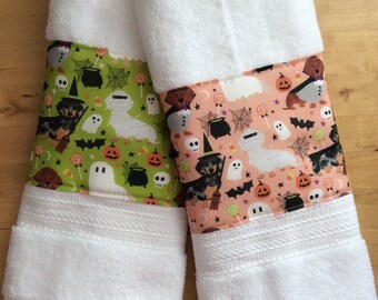 Dachshund bath towels, dog bath towels, hand towels, dachshund fabric, Halloween towels, holiday towels