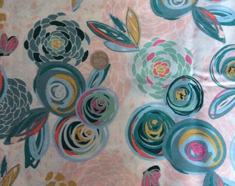 1 Yard of a flower floral pink blue yellow print cotton fabric