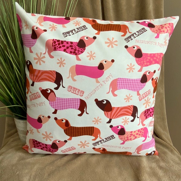 Dachshund throw pillow cover, dachshund fabric, 16 inch pillow cover, envelope pillow cover