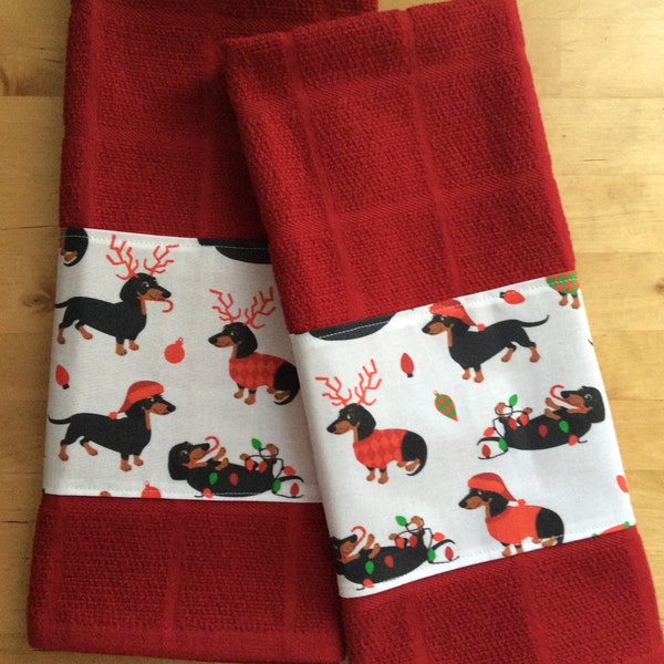 Dachshund Christmas kitchen towels, dog kitchen towels, holiday towels, bar towels