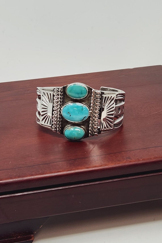 Navajo Indian Made Silver Wide Cuff Bracelet Gem