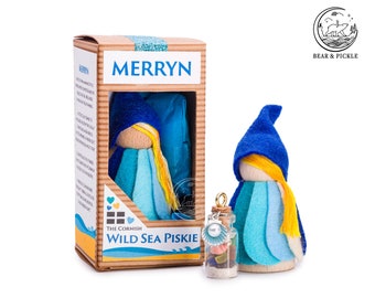 Cornish Piskie, Merryn, Wooden Doll, Piskie Figurine, Pixie, Piskie peg doll, Pixie Figure, Wooden gift, Mermaid treasure, Sea Glass, Shells