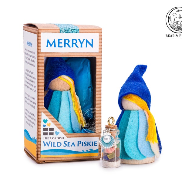 Cornish Piskie, Merryn, Wooden Doll, Piskie Figurine, Pixie, Piskie peg doll, Pixie Figure, Wooden gift, Mermaid treasure, Sea Glass, Shells