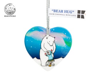 Christmas decoration, polar bear decoration, ice bear, hanging ceramic heart, bear hug, bear hug, Polar bear tree decoration