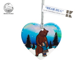Christmas decoration, Grizzly bear decoration, brown bear, hanging ceramic heart, bear hug, bear hug, Brown bear tree decoration