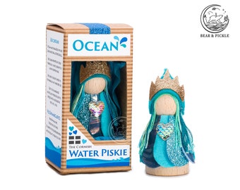Cornish Piskie, Ocean, Wooden Doll, Piskie Figurine, Cornish Pixie, Piskie, Pixie Figure, Cornish, Water baby, Water, Waves, Turquoise