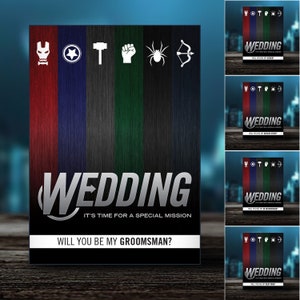 May include: A wooden wedding invitation with a superhero theme. The invitation features a color-blocked design with red, blue, gray, green, and black vertical stripes. White superhero icons and text that reads "WEDDING" and "WILL YOU BE MY GROOMSMAN?" are also included.