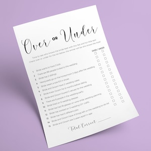 Bridal Shower Over or Under Game