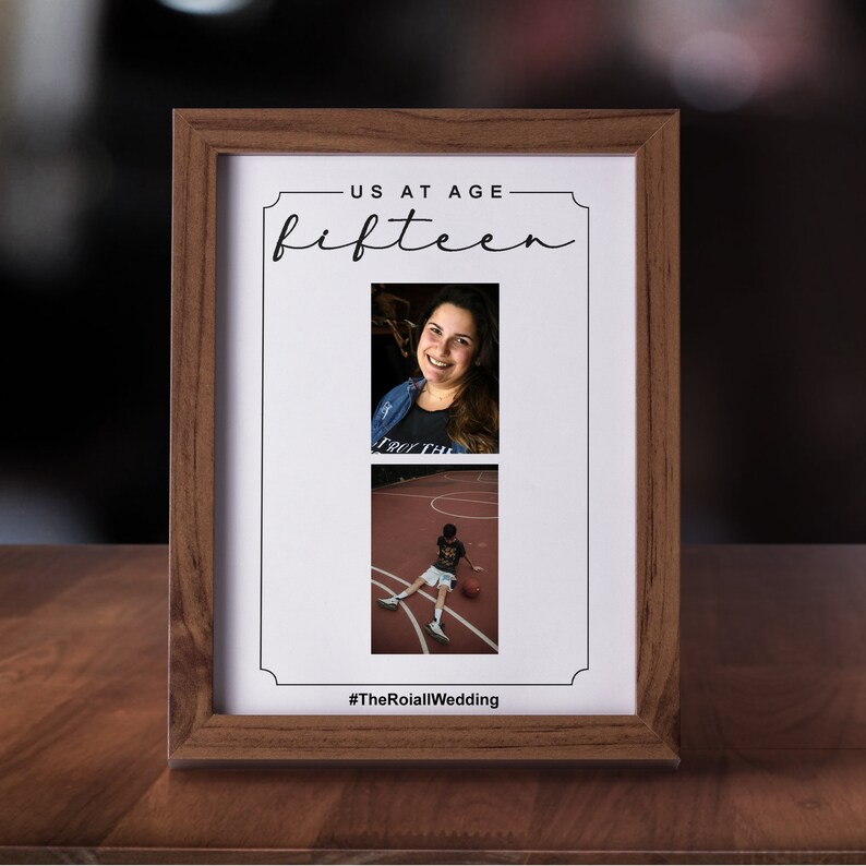 May include: A framed photo collage with a brown wooden frame. The collage includes two photos and the text "US AT AGE fifteen". The bottom of the frame has the text "#TheRoiallWedding".