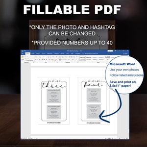 May include: A digital fillable PDF template for photos, with the text "US AT AGE" above the numbers "three" and "four". The template is designed to be edited in Microsoft Word and printed on 8.5x11" paper. The text "FILLABLE PDF" is at the top.