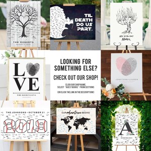 May include: A collection of guest book alternatives, including a tree design, a silhouette with text, and a heart-shaped fingerprint design. Other designs include a baseball theme, a world map, and a monogram. Each is displayed on an easel.