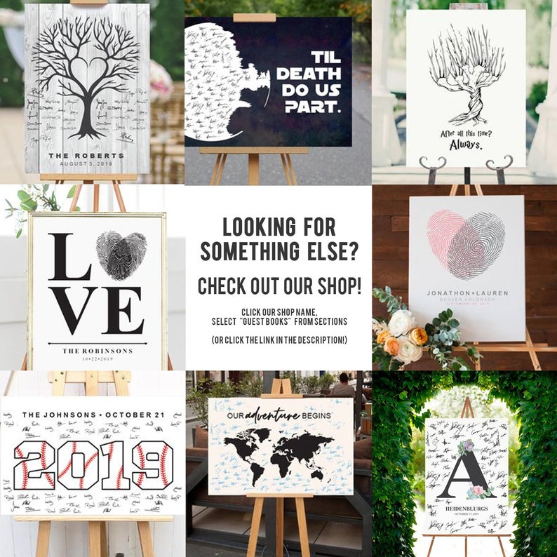 May include: A collection of guest book alternatives, including a tree design, a silhouette with text, and a heart-shaped fingerprint design. Other designs include a baseball theme, a world map, and a monogram. Each is displayed on an easel.