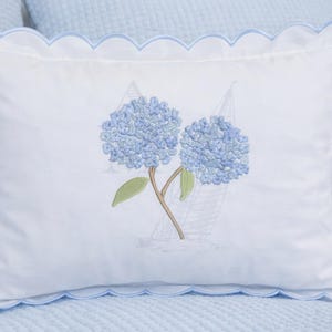 Puede incluir: Funda de almohada blanca con borde festoneado azul claro y flores de hortensia azules bordadas. La funda de almohada tiene un fondo azul claro y un diseño de velero.