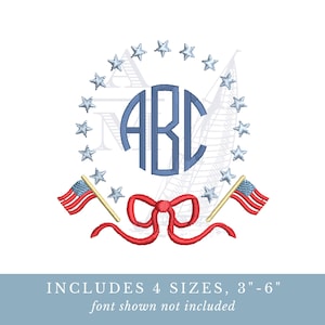 Patriotic Flag Bow Monogram Frame | Stars Stripes | 3" 4" 5" 6" | 4th of July | USA 250th | Machine Embroidery Digital File