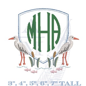 Low Country Marsh Bird Crest Embroidery Monogram Frame Design, Low Country Southern Heron, 5 Sizes