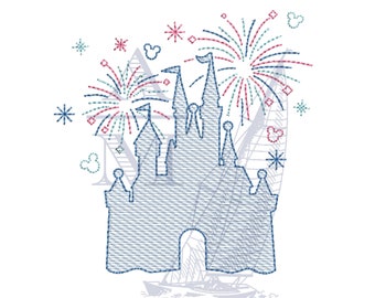 Castello con disegno di ricamo di fuochi d'artificio, riempimento di schizzi a punto rapido, file di macchina da ricamo in stile vintage, 8 dimensioni