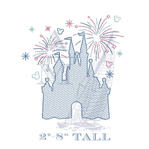 Castle with Fireworks Embroidery Design, Quick stitch sketch fill, vintage style embroidery machine file, 8 sizes