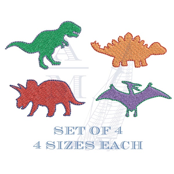 Mini Dinosaur Embroidery Design Set, Set of 4, Stegosaurus, Pterodactyl, Triceratops, Tyrannosaurus Rex, 4 Sizes Each