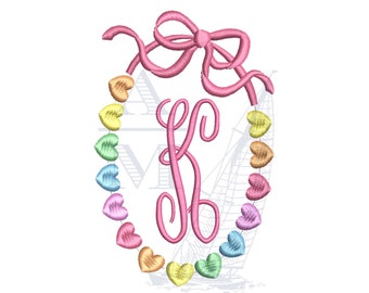 Candy Hearts Necklace Valentine Bow Monogram Frame Embroidery Design, 2", 3", 4", 5" Tall