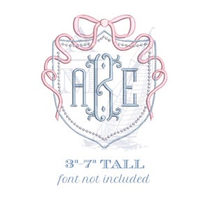 Girls monogram crest embroidery design | bow | new baby banner | 5 sizes 3"–7" | girly frame | machine embroidery