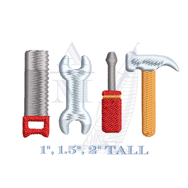 Tool Set Mini Embroidery Design, 4 Individual designs, Hammer, Saw, Wrench and Screwdriver, for Boys or Girls, 1”, 1.5” and 2” Tall