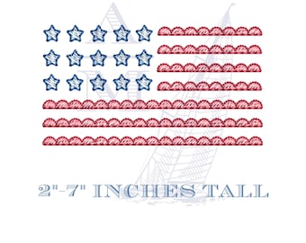 Desenho de bordado patriótico da bandeira americana, bandeira com borda ondulada, preenchimento de esboço de ponto rápido, bordado patriótico à máquina, 5 tamanhos