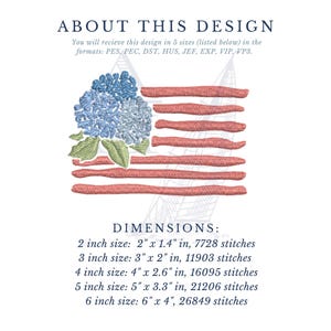 K&ouml;nnte beinhalten: Gesticktes Design mit einer floralen amerikanischen Flagge mit blauen Hortensien und roten Streifen. Das Bild enth&auml;lt Text &uuml;ber das Design und die Abmessungen, von 5,08 cm bis 15,24 cm.