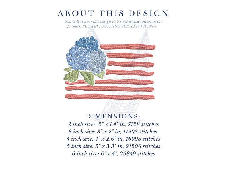 K&ouml;nnte beinhalten: Gesticktes Design mit einer floralen amerikanischen Flagge mit blauen Hortensien und roten Streifen. Das Bild enth&auml;lt Text &uuml;ber das Design und die Abmessungen, von 5,08 cm bis 15,24 cm.