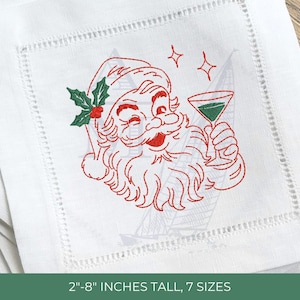 Vintage Santa Cocktail Embroidery Design, Christmas Drinks, Quick Stitch Holiday Decor, Monogrammed Gifts, 7 Sizes, Redwork Santa Outline
