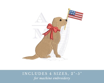 Desenho patriótico de cachorrinha com laço para bordado à máquina, com a bandeira americana, EUA, 250, filhote de labrador, para o 4 de julho. Arquivo de bordado disponível em 4 tamanhos.