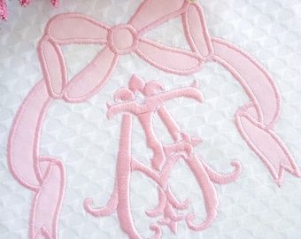 Bow applique embroidery design | satin finish | 3"–7" wide | monogram frame | coquette girly | machine embroidery digital file