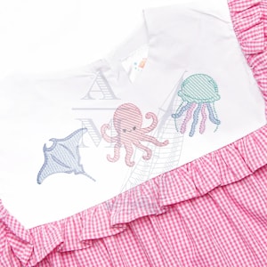 Sea creatures embroidery design trio | octopus stingray jellyfish | sketch fill | 3"–7" | summer ocean aquarium machine embroidery image 1