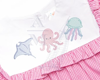 Sea creatures embroidery design trio | octopus stingray jellyfish | sketch fill | 3"–7" | summer ocean aquarium machine embroidery