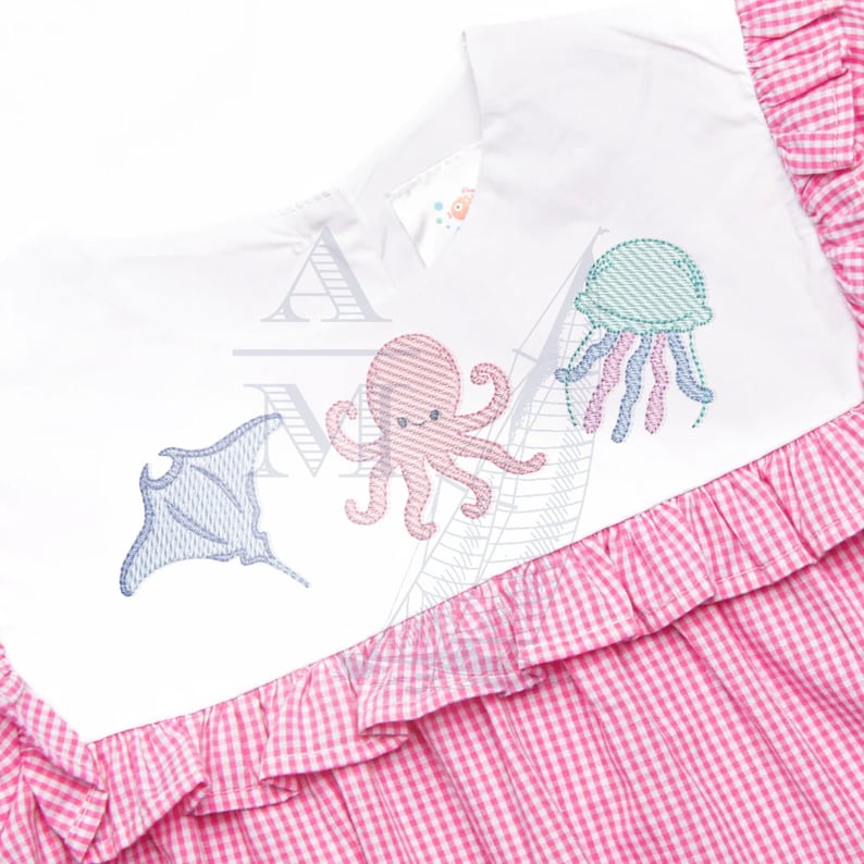 Sea creatures embroidery design trio | octopus stingray jellyfish | sketch fill | 3"–7" | summer ocean aquarium machine embroidery image 1