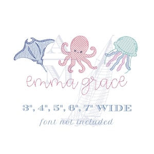 Sea Creatures Trio, Sketch Fill, Octopus, Sting Ray and Jellyfish Ocean Embroidery Design, 3-7&quot; Wide