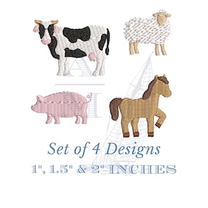 Mini farm animal embroidery design set of 4 | cow pig sheep horse | 3 sizes each | fall machine embroidery digital file