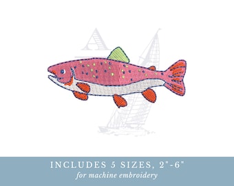 Fish Embroidery Design | Preppy Trendy Nautical Summer Design | Trout Fisherman | 5 Sizes, Digital File for Machine Embroidery